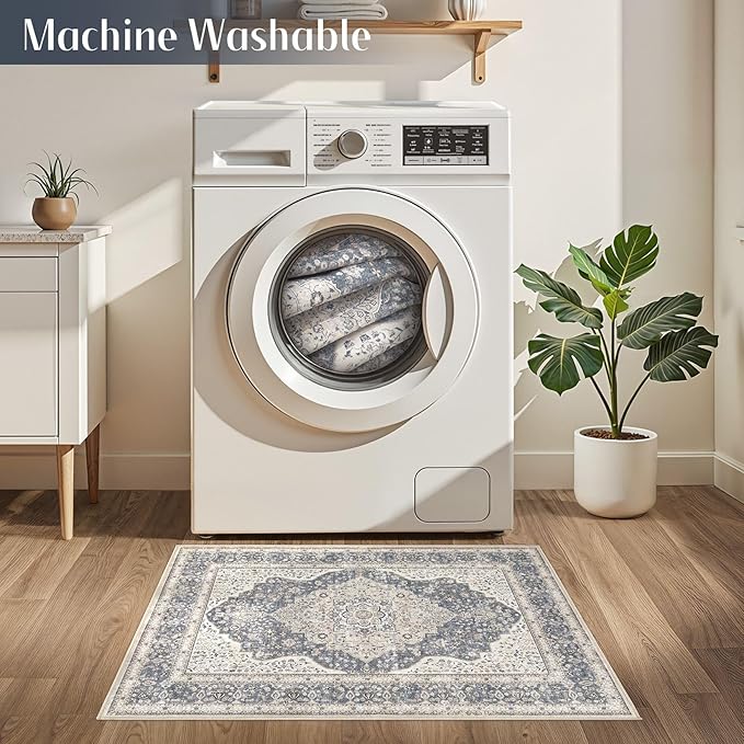2x3 Washable Entryway Rug: Non-Slip Soft Indoor Throw Small Vintage Floral Area Rug for Kitchen Bedroom, Low Pile Durable Carpet for Front Door Porch Floor Doormat Home Decor (Blue/Beige)