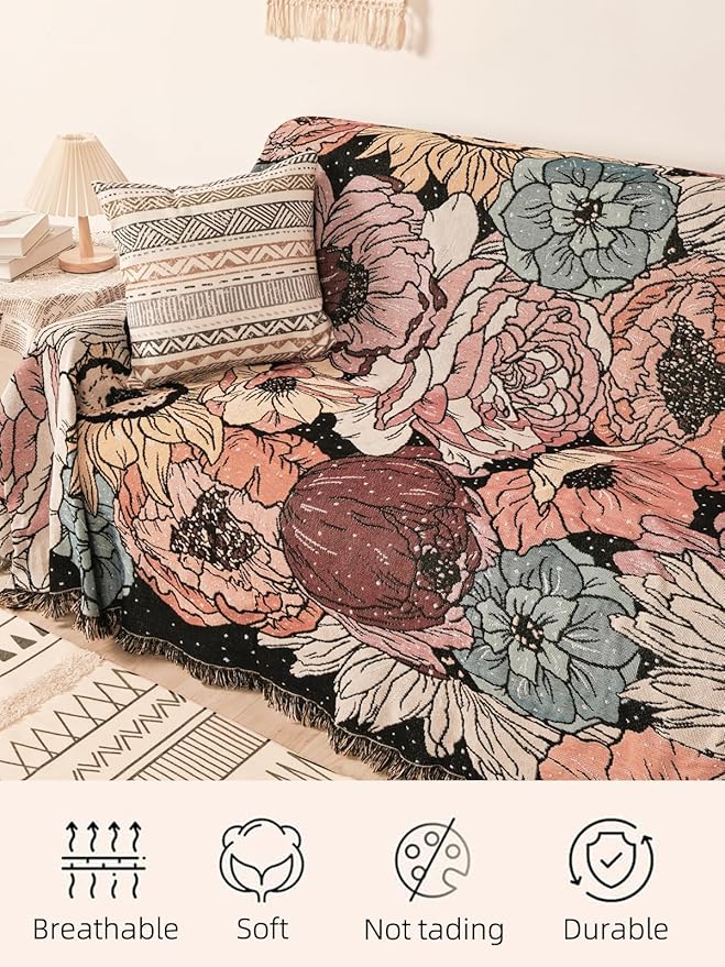 Boho Throw Blanket for Bed Couch Sofa Reversible Cotton Bohemian Travel Boho Quilt Mexican Muslin Blanket Tapestry Hippie Room Decor Outdoor Blanket Double Sided (Boho Flower Dark 60"x80")