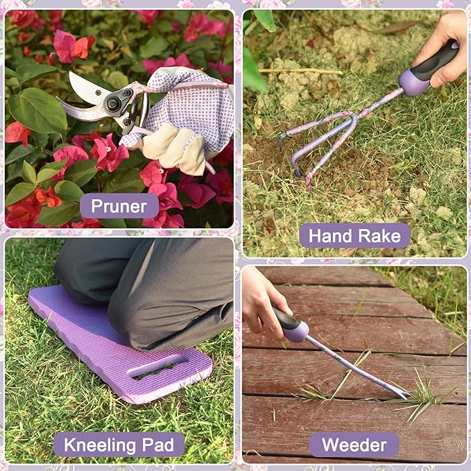 Gardening Tools, WisaKey 10 Piece Heavy Duty Purple Garden Tool Set Durable Garden Supplies Organizer Bag Garden Hand Tools Gardening for Women Grandmother Granny White Elephant Gifts