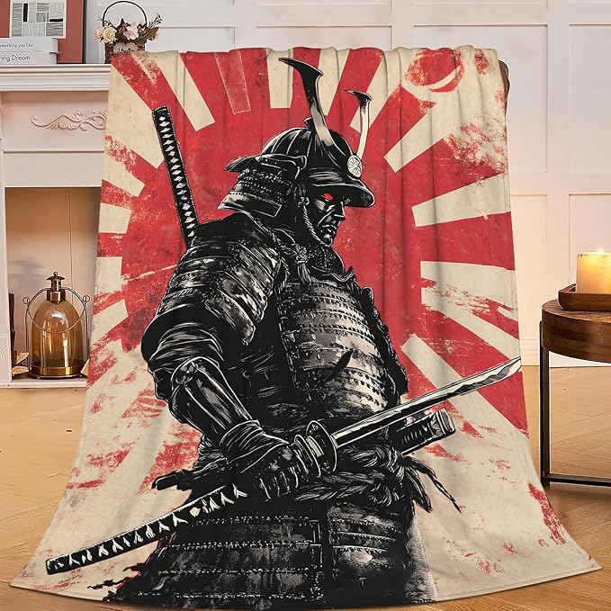 Japanese Samurai Throw Blanket Asian Warrior Flannel Blankets Japan Bushido Fuzzy Plush Super Soft Cozy Warm Decor Gifts for Boys Girls Kids Adults Men Women 50" x 60"