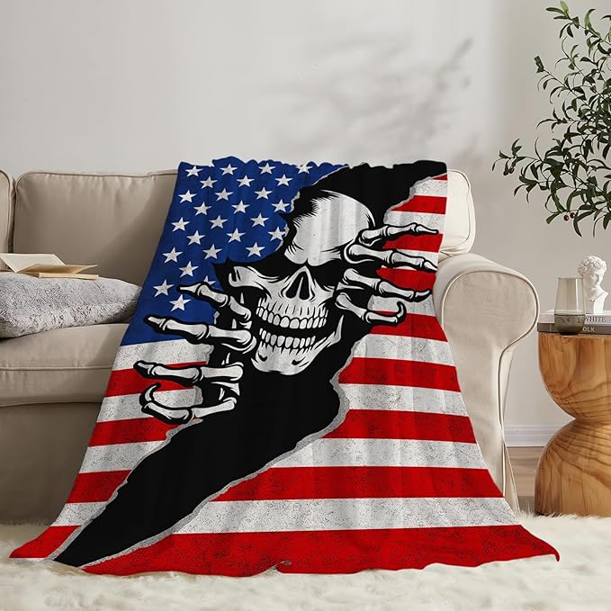 Gothic Skeleton Fleece Blanket Horrible Skull Throw Blankets for Girls Boys Super Soft Warm Flannel American Flag Throws Gifts for Men Women Cozy Fuzzy Plush Stuffed Couch Bed Bedding Decor 50"X40"