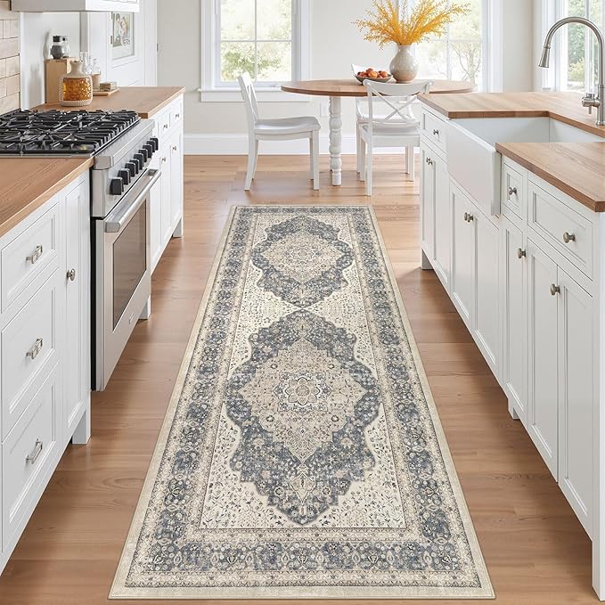 Washable Rug 3x8 Hallway Runner Rug-for Entryway Bedroom Kitchen Room Corridor Decor -Stain & Fade Resistant Non Slip Backing Carpet,Ultra-Thin Vintage Long Carpets(Blue/Beige)