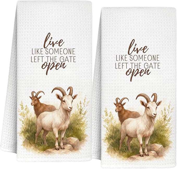 InnoBeta Funny Goat Gifts, Hand Kitchen Towel 2 Pack, 16 x 24 in Microfiber Dish Tea Towel, Live Like Someone Left The Gate Open