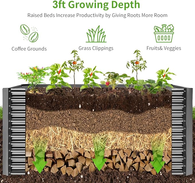 Land Guard 8x4x3ft Rectangular Galvanized Raised Garden Beds, Large-Capacity Metal Planter Box Outdoor, Durable Deep Raised Garden Bed 3ft Tall, Raised Beds for Gardening Vegetables, Modern Gray