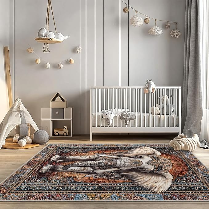 6x9 Elephant Area Rugs Boho Elephant Rug for Living Room Indoor Soft Non-Slip Thin Large Carpet Vintage Rugs for Bedroom Home Decor Under Table Washable Machine