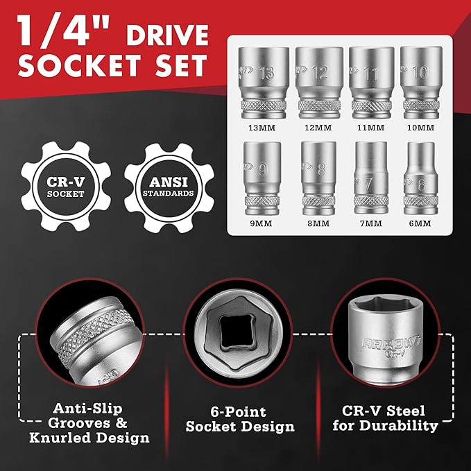 ARROW 48-Piece 1/4" Screwdriver Bit & Socket Set, Color-Coded S2 Steel Drill Bits with Magnetic Bit Holder, 6–13mm CR-V Sockets, Compatible with Power Drill, Screwdriver & Mini Ratchet Wrench