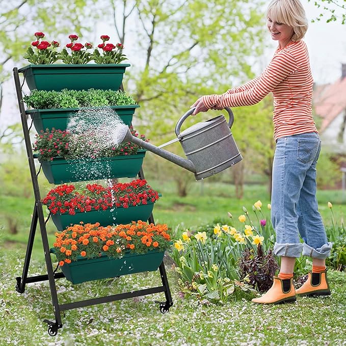 Vertical Raised Garden Bed, Freestanding Elevated Planter with Drain Holes, 5 Tier Planter Box Container Gardening Outdoor Indoor Gift for Flowers Vegetable Seeds Patio Balcony Greenhouse, Green