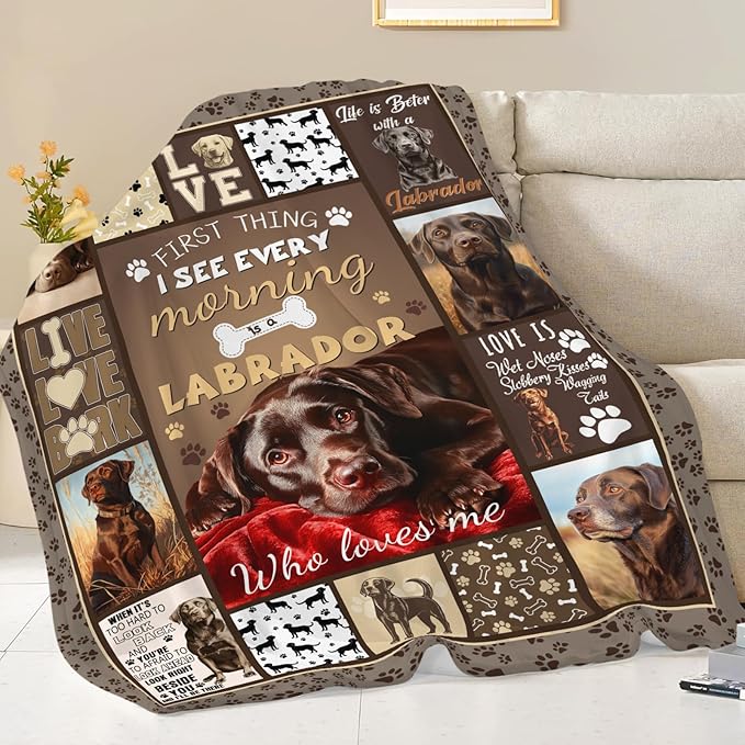 Dynova Labrador Dog Blanket Cozy Plush Chocolate Lab Lovers Throw Blankets Fuzzy Flannel Fleece Animal Gifts for Girls Boys Women Men 80"X60"