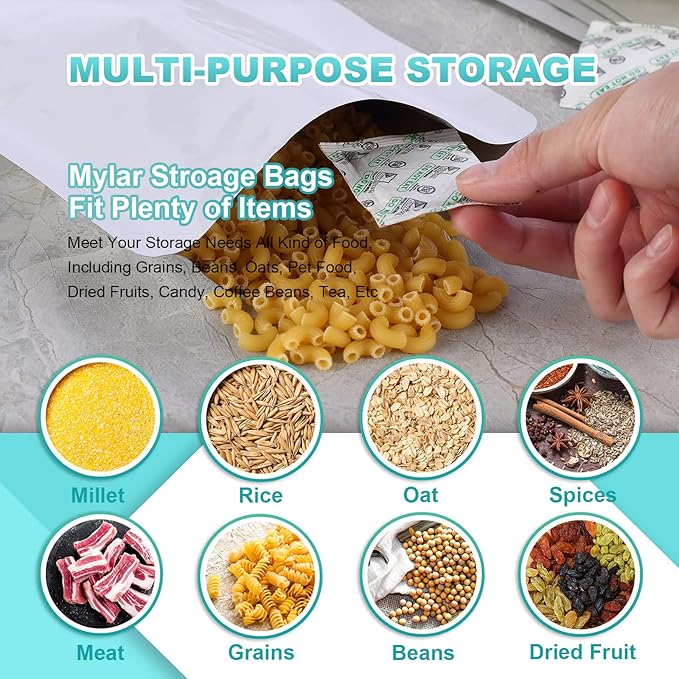 50pcs 1 Gallon Mylar Bags for Food Storage with Oxygen Absorbers 400CC (6 Packs of 10pcs) and Labels, 9.5 Mil 10"x14" Vacuum Sealer Bags Heat Sealable Bags for Long Term Food Storage(Extra Thick）