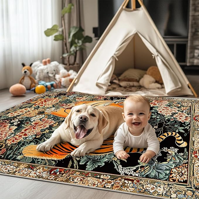 6x9 Tiger Area Rugs Boho Tiger Rug for Living Room Indoor Soft Non-Slip Thin Large Carpet Vintage Rugs for Bedroom Home Decor Under Table Washable Machine