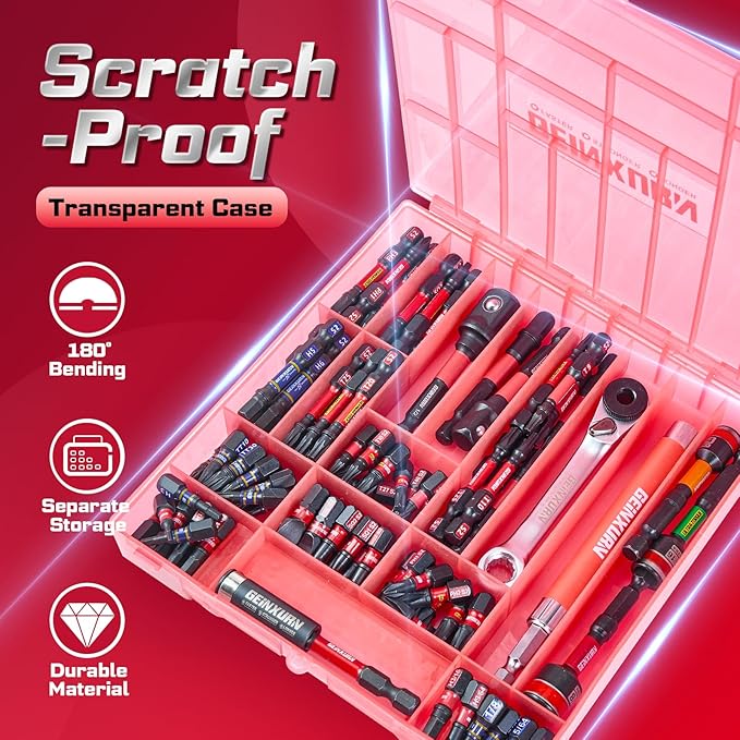 100Pieces 1”/2” Impact Screwdriver Bits Set, Magnetic S2 Steel (Phillips/Slotted/Square/Torx/Hex/Security Torx) Driver Bits Tips,Impact Bit Holder and Nut Driver with Red Storage Box Case