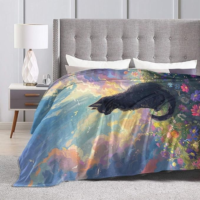 Cute Black Cat Throw Blanket Anime Cat Flannel Blankets Wild Landscape Fuzzy Plush Super Soft Cozy Warm Decor Gifts for Boys Girls Kids Adults Men Women 60" x 80"