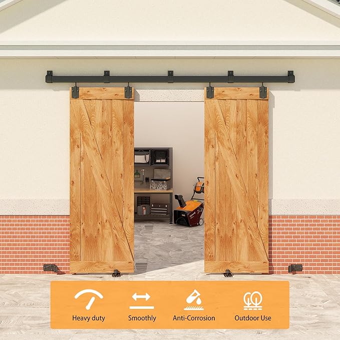 8FT Black Box Rail Exterior Barn Door Hardware Kit for 2 Doors, Sliding Heavy Duty Barn Door Track, Wall Mount Barn Door Hardware with 5 Track Brackets(Doors NOT Include)