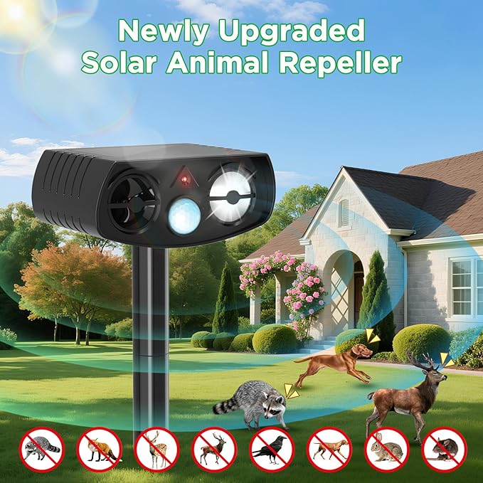Solar Powered Animal Repeller, Ultrasonic Pest Deterrent with LED Strobe Light, Green, Motion Sensor, 14.8 Inch Stake, for Yard Garden 2 Packs