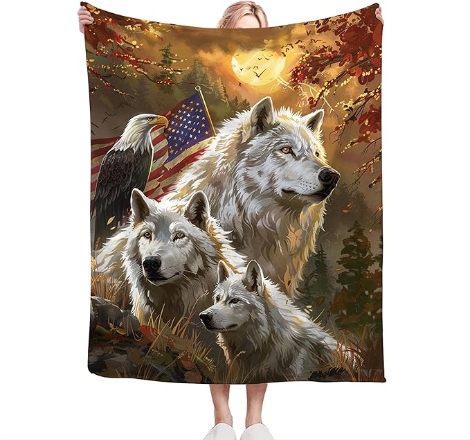 Wolf Eagle Blanket Wolf and Eagle Throw Blanket Wolf Gifts and Decor Eagle Blanket for Women Men Kids Adults Soft Warm Cozy Fleece Blanket for Couch Sofa Bed 60"x50"