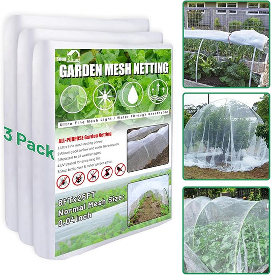 SnugNiture 3 Pack Garden Netting 8x25FT Ultra Fine Mesh Mosquito Netting Plant Covers, White Bird Netting Barrier Greenhouse Row Cover Protect Fruits Flower Vegetables from Birds Deer & Squirrels