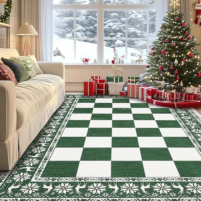 GarveeHome Green 8x10 Area Rugs for Living Room, Washable Rug for Christmas Decor, Indoor Non Slip Carpet, Checkered Soft Low Pile Christmas Rug for Bedroom, Dining Room