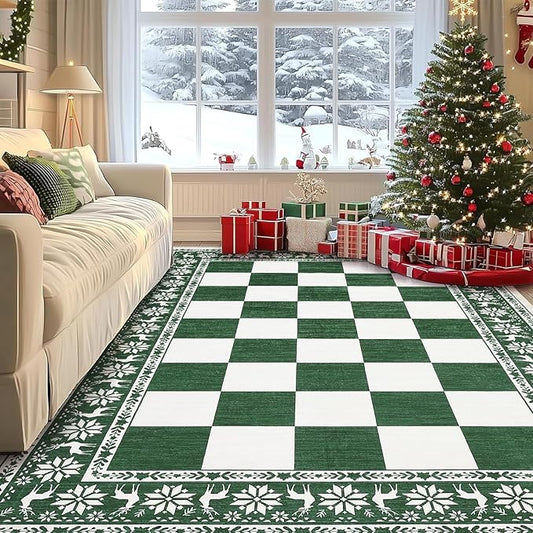 GarveeHome Green Area Rugs 9x12 Living Room, Washable Rug for Christmas Decor, Indoor Non Slip Carpet, Checkered Soft Low Pile Christmas Rug for Bedroom, Dining Room