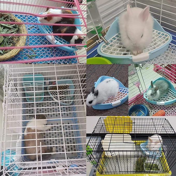 Hamiledyi Small Rabbit Litter Box for Cage Triangle Potty Trainer Corner Bunny Toilet Plastic Pet Pan Guinea Pig LitterBox for Dwarf Holland Lop Rodent (Blue)