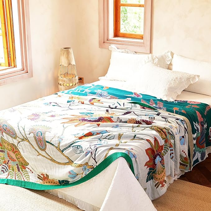 Boho Throw Blanket, 100% Organic Cotton Breathable Skin-Friendly Ultra Soft Bed Quilt Throw - All Season Floral Bird Farmhouse Décor Luxury Blanket for Sofa Couch Chair and Gift. 91" x 98"
