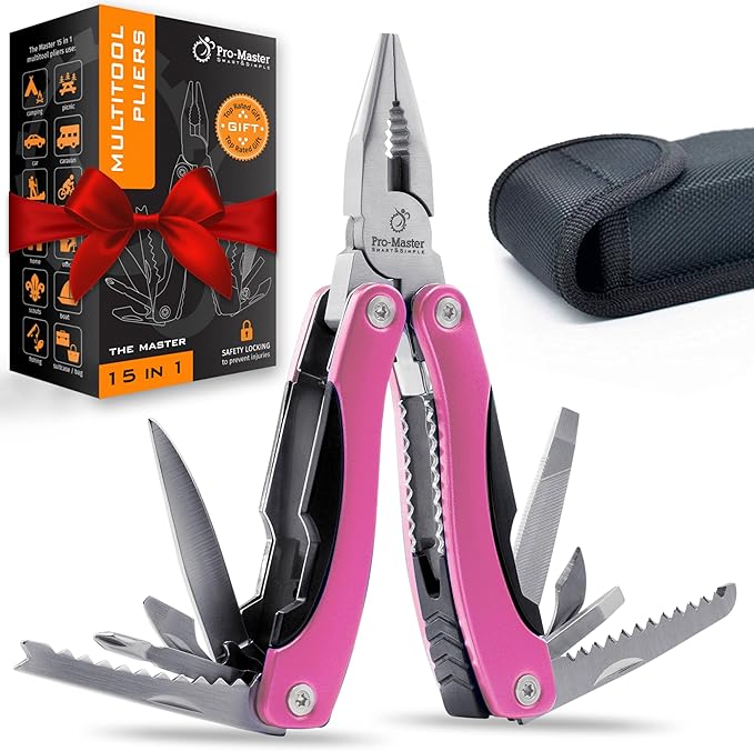 Pink Multitool 15-in-1 for Mom, Wife, Daughter, Grandma, Practical EDC Multi Tool Pliers, Pocket Knife with Safety-Locking, Great for Hiking, Camping, Simple Repairs, Car Glove Box