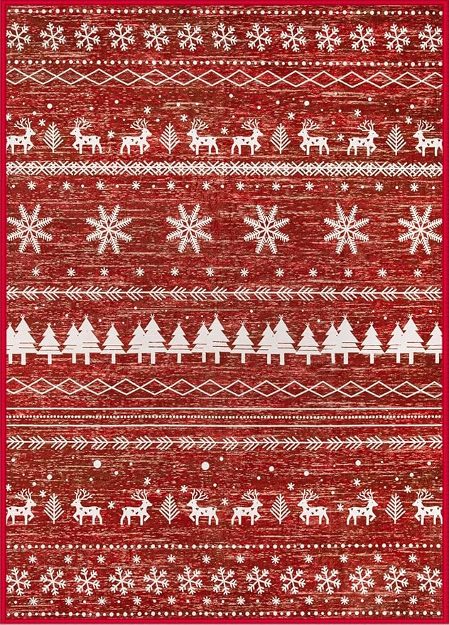 Christmas Living Room Rugs 8x10: Washable Moroccan Geometric Boho Rug Non Slip Stain Resistant Large Rugs Low Pile Soft Carpet for Xmas Holiday Decor Bedroom Dining Room Playroom (Xmas Red,8'x10')