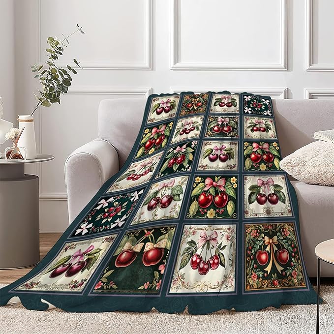 Cherry Blanket, Cherries Bow Throw Blanket, Preppy Gifts Blankets Stuff Fleece Flannel Plush for Girls Women Men Boys Lovers Adults Soft Bedding Gift for Sofa Bed Office Home Decor 40"X50"