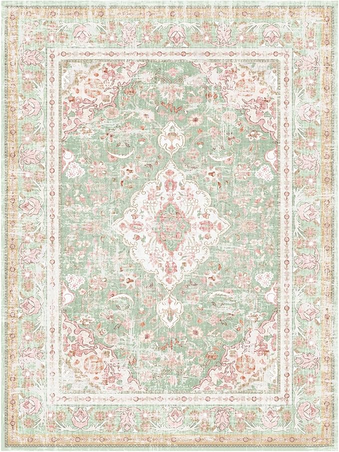 Vhong Washable Area Rugs Boho Vintage Modern Neutral Small Carpet Green and Pink High Traffic Rugs 3×5 for Dinning Room Living Room Bedroom Farmhouse Non Slip