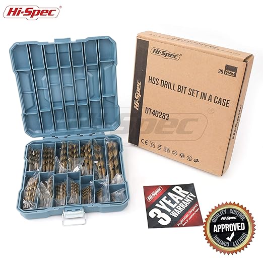 Hi-Spec Tools Drill Bit Set 99pc SAE HSS Steel for Drill Drivers - 1/16 to 3/8" Drill Bits for Metal, Plastics, Wood, Drywall - Complete Bits Sets with Storage Holder Case