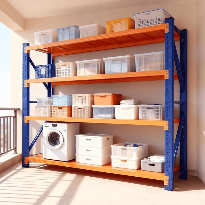 4-Tier Storage Shelves,79" H Heavy-Duty Garage Shelving Unit,Adjustable Metal Industrial Shelf System,4,000lbs Capacity,Tool Organizer for Garage,Workshop,60" W x 24" D x 79" H,Blue&Orange