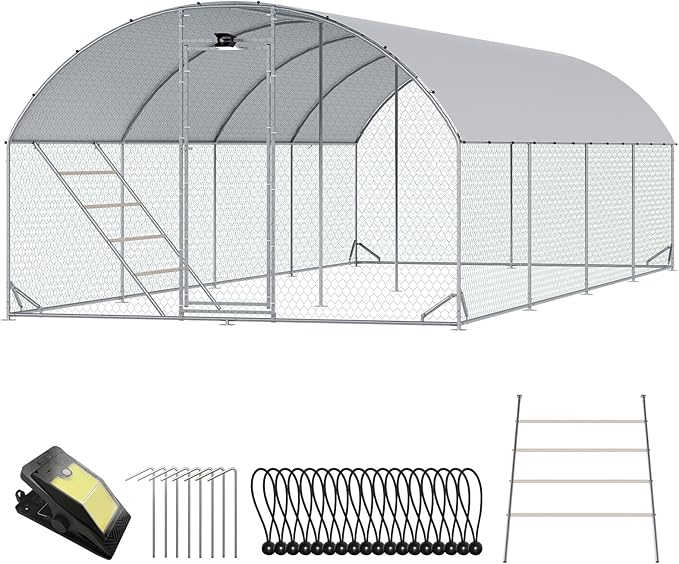 Chicken Coop Large Metal Chicken Run with Full-Top Waterproof Cover - Chicken House for 32/40 Chickens, Poultry Cage with Solar Light, Backside Poles, Walk-in Pen for Rabbits Ducks Yard 4 Room