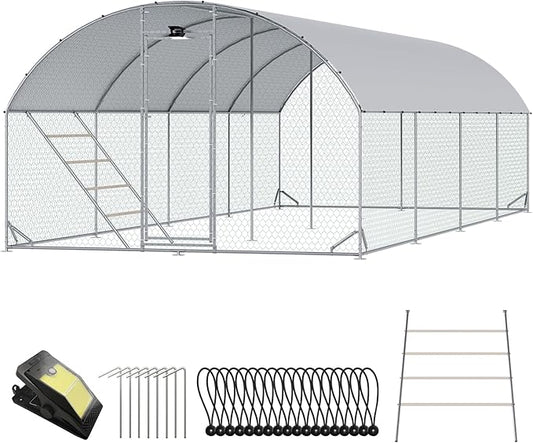 Chicken Coop Large Metal Chicken Run with Full-Top Waterproof Cover - Chicken House for 32/40 Chickens, Poultry Cage with Solar Light, Backside Poles, Walk-in Pen for Rabbits Ducks Yard 4 Room