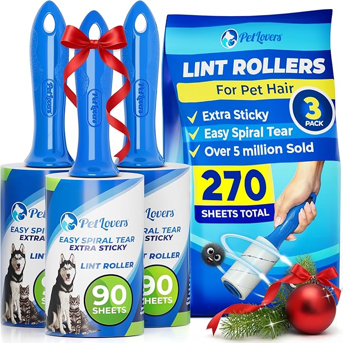 PetLovers Extra Sticky Lint Roller Value Set 270 Sheets for Pet Hair Removal and Clothes, Dog and Cat Lint Remover, 3 Pack