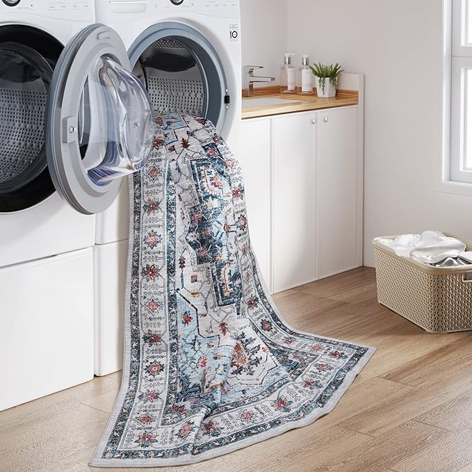 zesthome 6x9 Area Rugs, Machine Washable Rugs for Living Room, Bedroom,Stain Resistant Vintage Large Area Rug,Non-Slip Medallion Pattern Home Decor Rugs (Blue,6'x9')