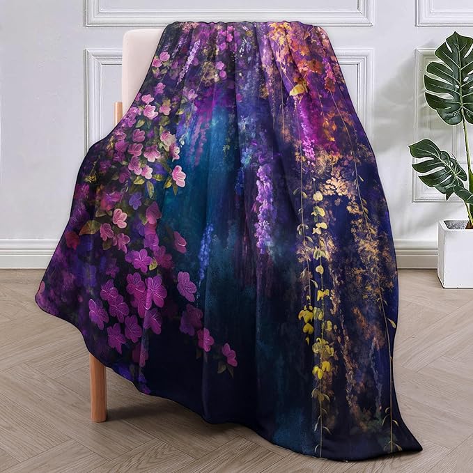 Floral Blanket, 60"x80" Purple Flowers Floral Flannel Fleece Throw for Kids & Adults, Ultra-Soft and Warm Home Decor Blanket, Women Floral Gifts