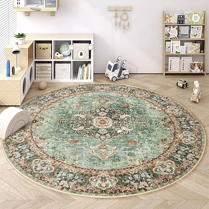 Round Rug 9ft,Large Green Circle Area Rugs for Bedroom Living Room,Washable Boho Vintage Bohemian Distressed Oriental Floral Carpet Non Slip