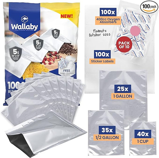 Wallaby 100ct Multi-Size Mylar Bags, 400cc Oxygen Absorbers, 10 Mil Thickness, 1-Gal 10x14, 1-Qt 8x12, 1/2-Pt 6x8, Heat-Sealable, Airtight, Flat, Silver, for Long-Term Food Storage.