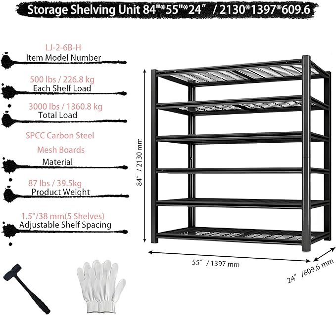 Storage Shelving Unit 6-Tier Heavy Duty Garage Shelves Metal Organizer Utility Rack for Kitchen Pantry Basement Pantry Warehouse Laundry Black 84" H x 55" W x 24" D 3000LBS