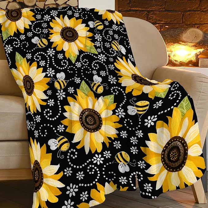 Sunflower Blanket Super Cozy Soft Sunflower Throw Blanket Gifts for Women Girls Warm Plush Fluffy Sunflower Bee Stuff Fleece Flannel Gift Blankets for Kids Adults 60"X50"
