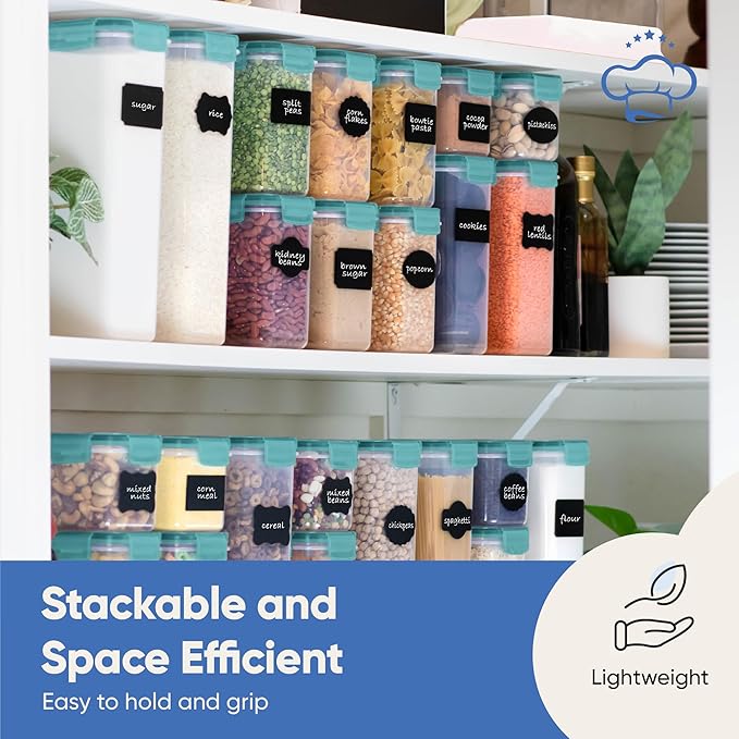 Chef's Path Airtight Food Storage Containers with Lids, 24 pcs (Teal Color) Plastic Kitchen and Pantry Organization for Dry Food, Flour and Sugar, BPA Free