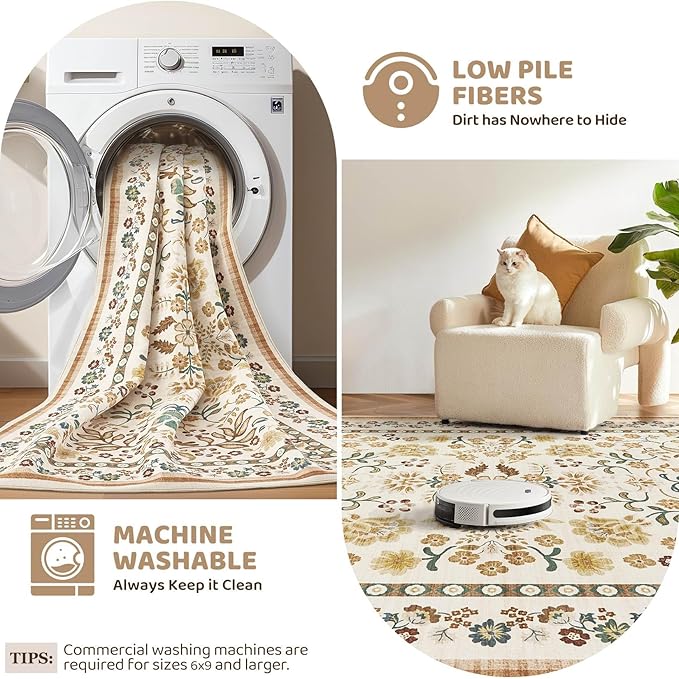 Runner Rug for Hallways Kitchen: 2x8 Washable Area Rug Boho Floral Soft Long Rug - Non-Slip Low Pile Throw Indoor Carpet for Entryway Kitchen Bedroom Laundry Bathroom - Brown