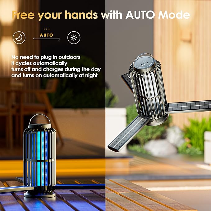 TYPEC Bug Zapper 2 Pack, Solar Bug Zapper with 3 Solar Charging Panels, IP65 Waterproof Mosquito Zapper, 4200V Mosquito Zapper with LED Light, Outdoor Indoor AUTO ON/Off