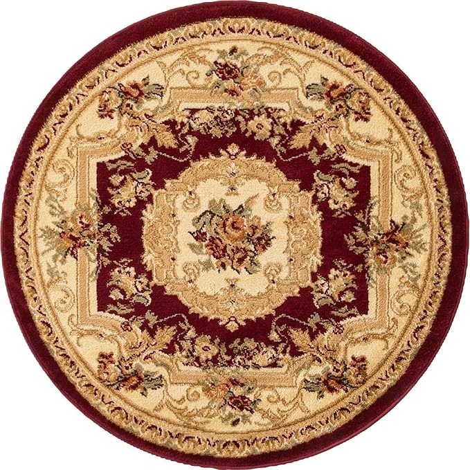 Unique Loom Versailles Collection Traditional Classic Floral Motif Area Rug (3' 3 x 3' 3 Round, Burgundy/Ivory)