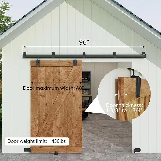 JUBEST 8FT Box Rail Exterior Barn Door Hardware Kit, Heavy-Duty Black Sliding Barn Door Track System, Wall Mount Door Hardware Kits (Door Not Included)