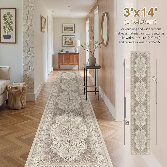 Washable 3x14 Hallway Runner Rug - Vintage Floral Stain & Fade Resistant Non-Slip Backing Ultra-Thin Long Carpet for Entryway, Bedroom, Kitchen, Corridor Decor (Brown/Beige)