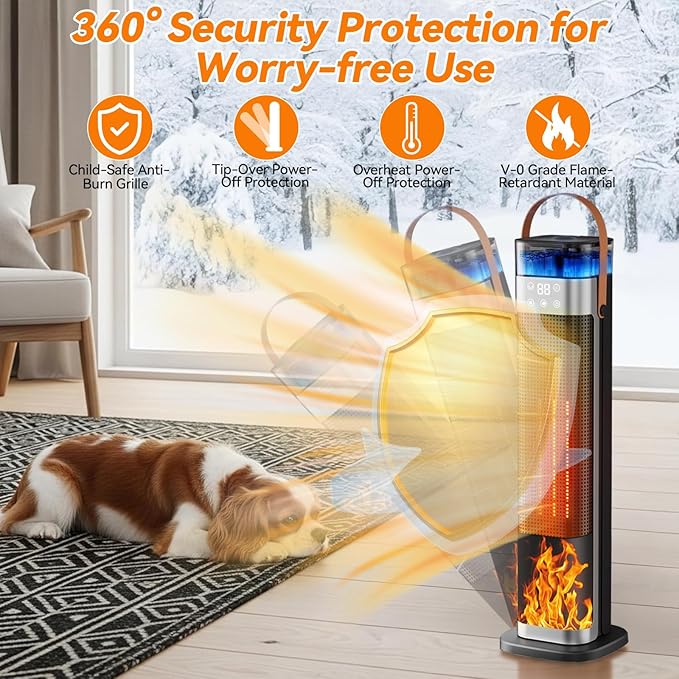 Tower Space Heater, Portable Electric Space Heaters for Indoor Use with Thermostat,Spray Humidification,3D Simulated Charcoal Flame,Remote,2000W PTC Ceramic Fast Safe Heating for Bedroom Home Office