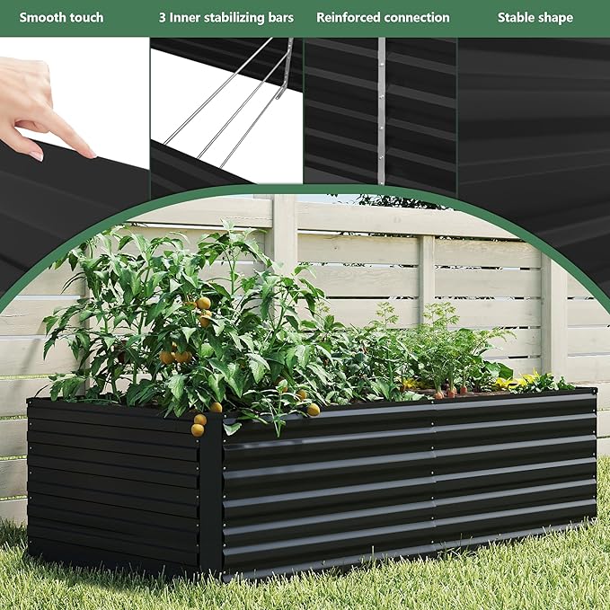 FOOWIN 2pcs 6x3x3ft Galvanized Raised Garden Bed, Planter Raised Garden Boxes Outdoor, Large Metal Raised Beds for Gardening, Garden Bed for Vegetables, Flowers, Herb, Black