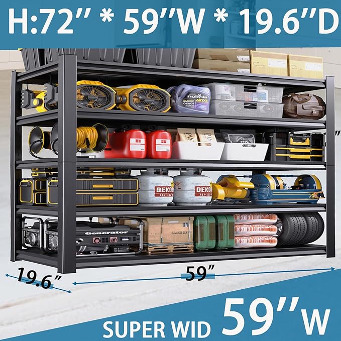 59''W/72''H Garage Shelving Heavy Duty 5-Tier Adjustable Storage Shelves Unit,3000 LBS Metal Utility Rack Shelf for Industries, Warehouses, Basement,Black (72''H x 59''W x 20''D)