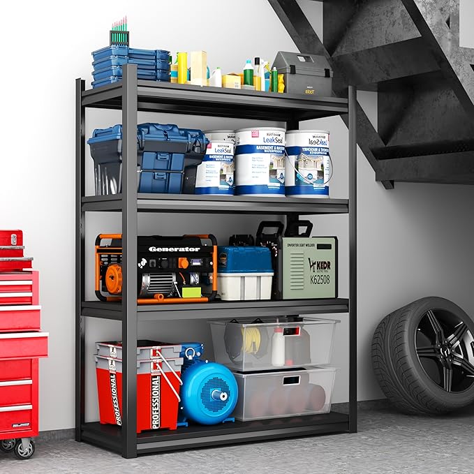 Storage Shelves, Garage Metal Shelving Unit, Adjustable, Double-Layer Column with Reinforced Ribs, Heavy-Duty, Capable of Bearing 600-3600 lbs (Black, 47''W*24''D*63''H, 4-Tier)