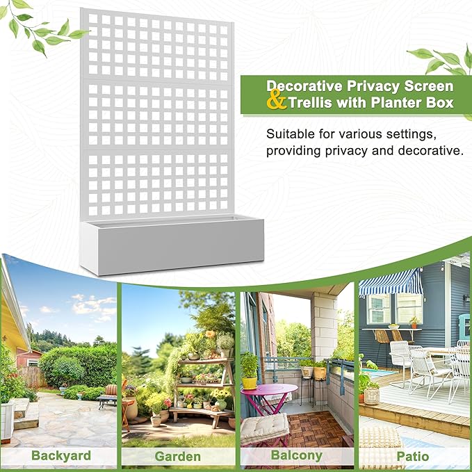 FENCY Metal Raised Garden Bed with Trellis, Metal Planter Box with Trellis, Garden Box for Climbing Plants Vegetable, 47''Lx16''Wx71''H Garden Bed with Drainage Holes(White)